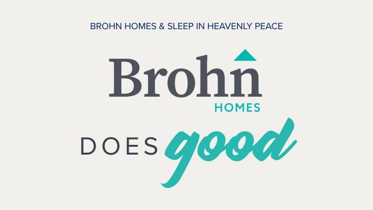 Light grey title card with text "Brohn Homes & Sleep in Heavenly Peace", Brohn Homes logo, and text "Does Good"