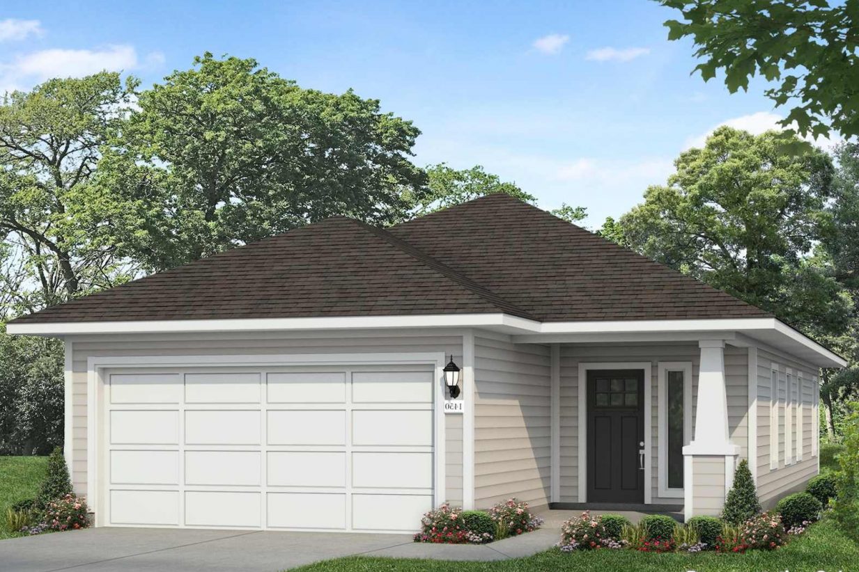 Image of a one story tan home rendering with a dark grey front door