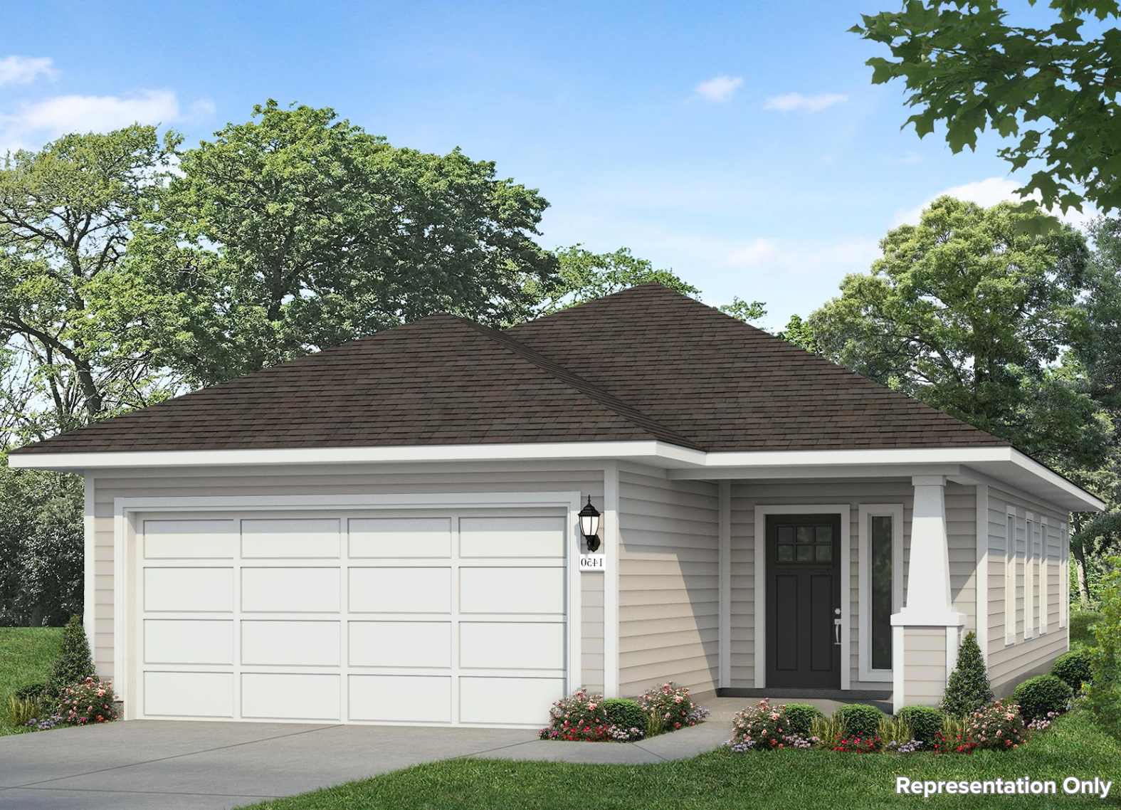 Image of a one story tan home rendering with a dark grey front door
