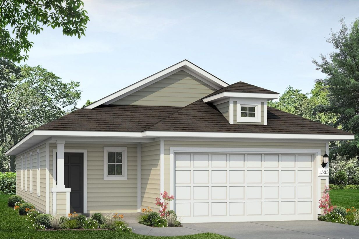 Image of a tan one story home rendering with a dark grey front door