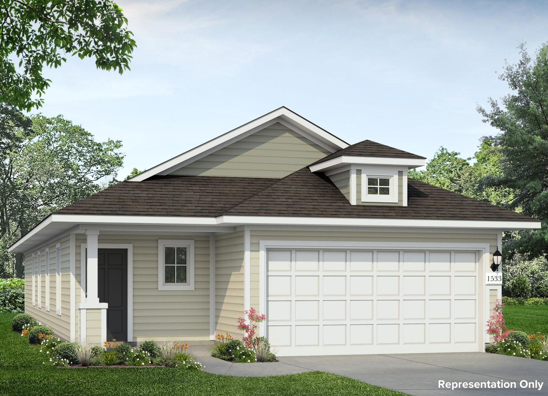 Image of a tan one story home rendering with a dark grey front door