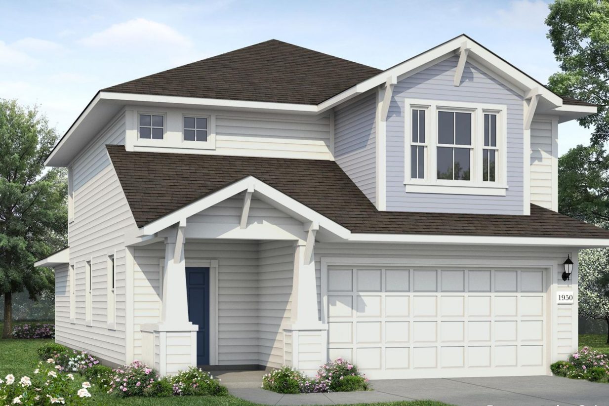 Image of a blue two story home rendering with a blue front door, white trim and garage door