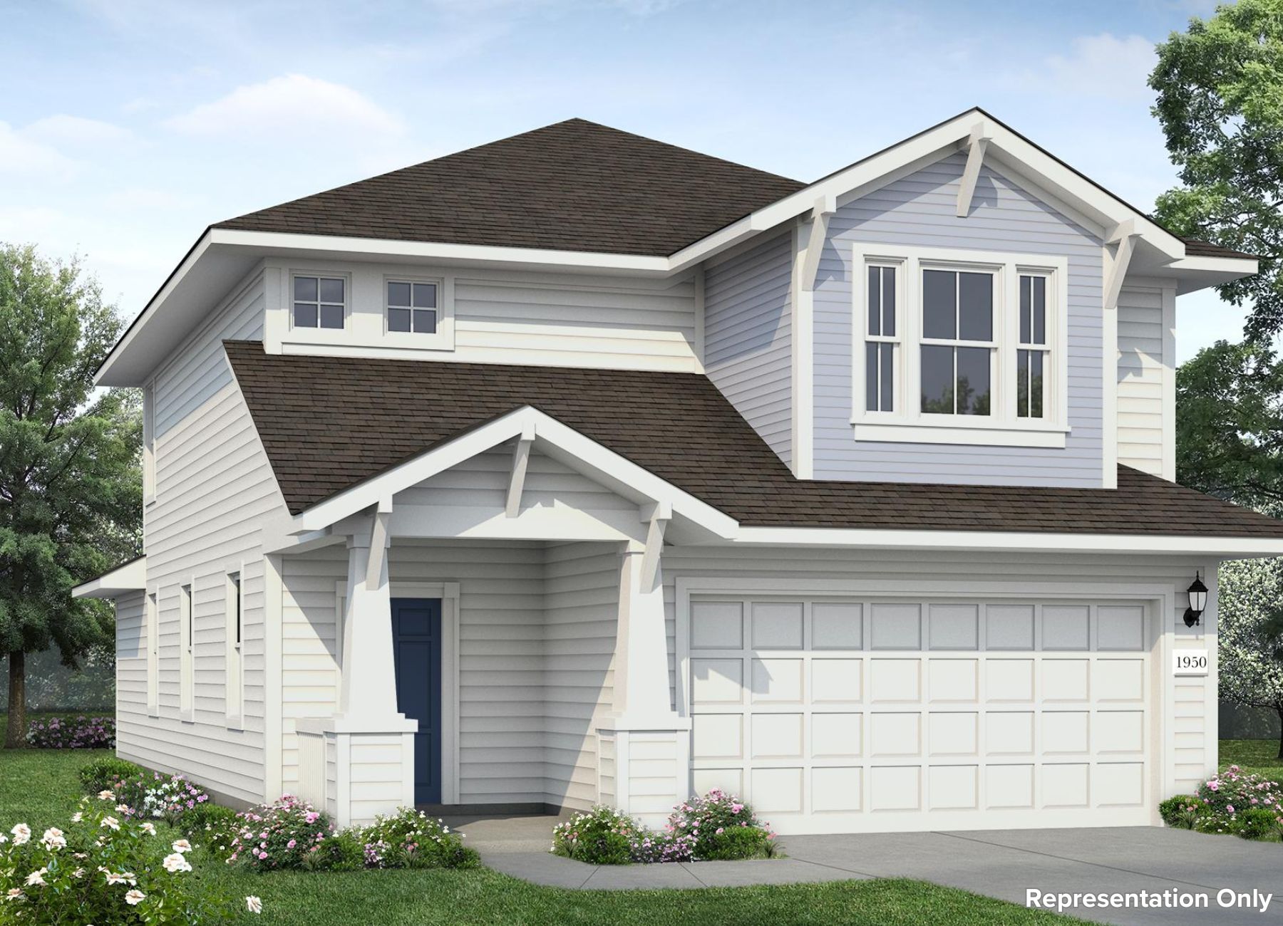 Image of a blue two story home rendering with a blue front door, white trim and garage door