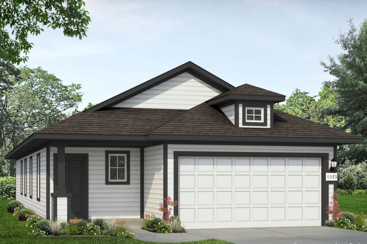 Image of a white one story home with black trim and a black front door