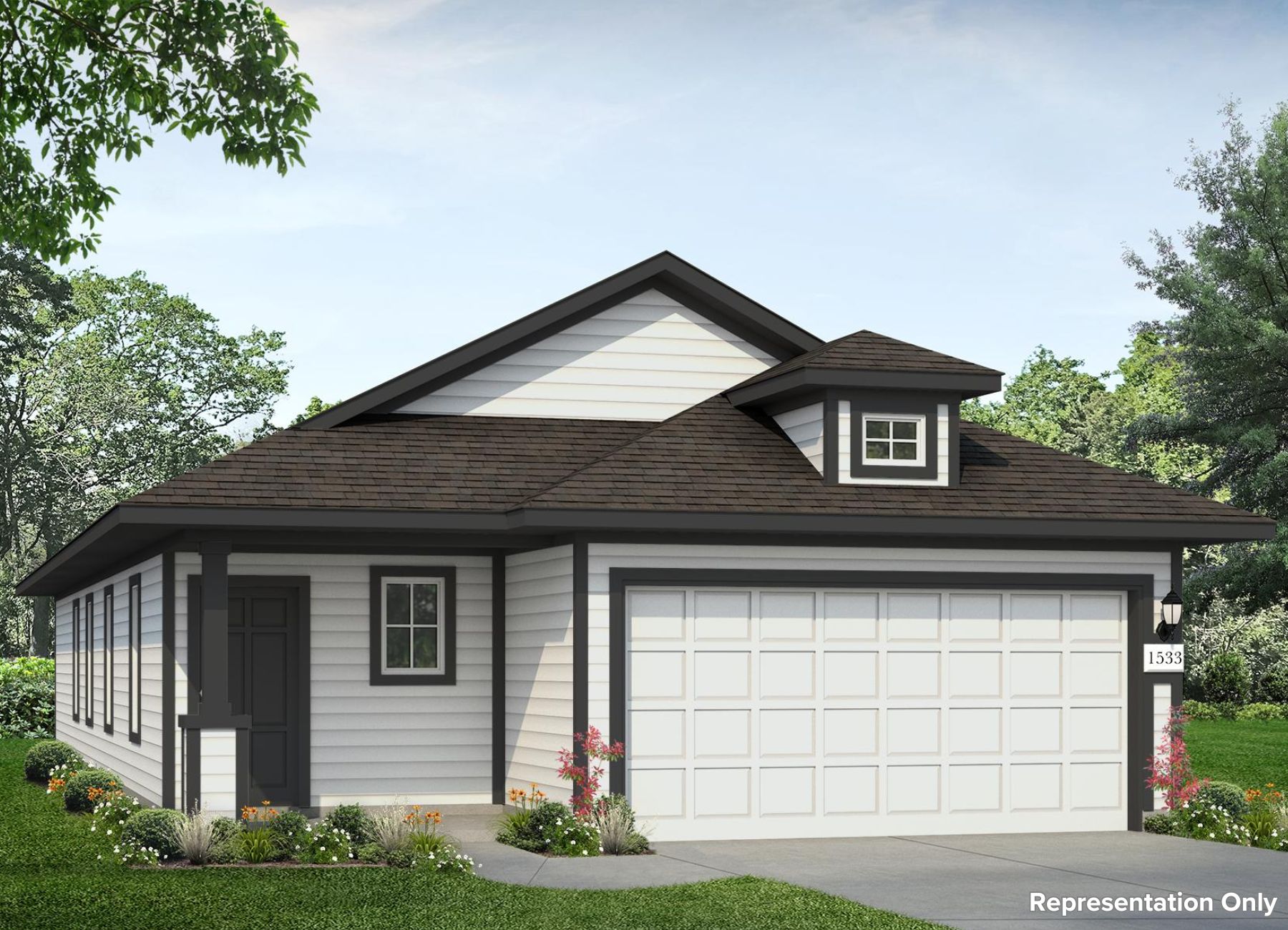 Image of a white one story home with black trim and a black front door