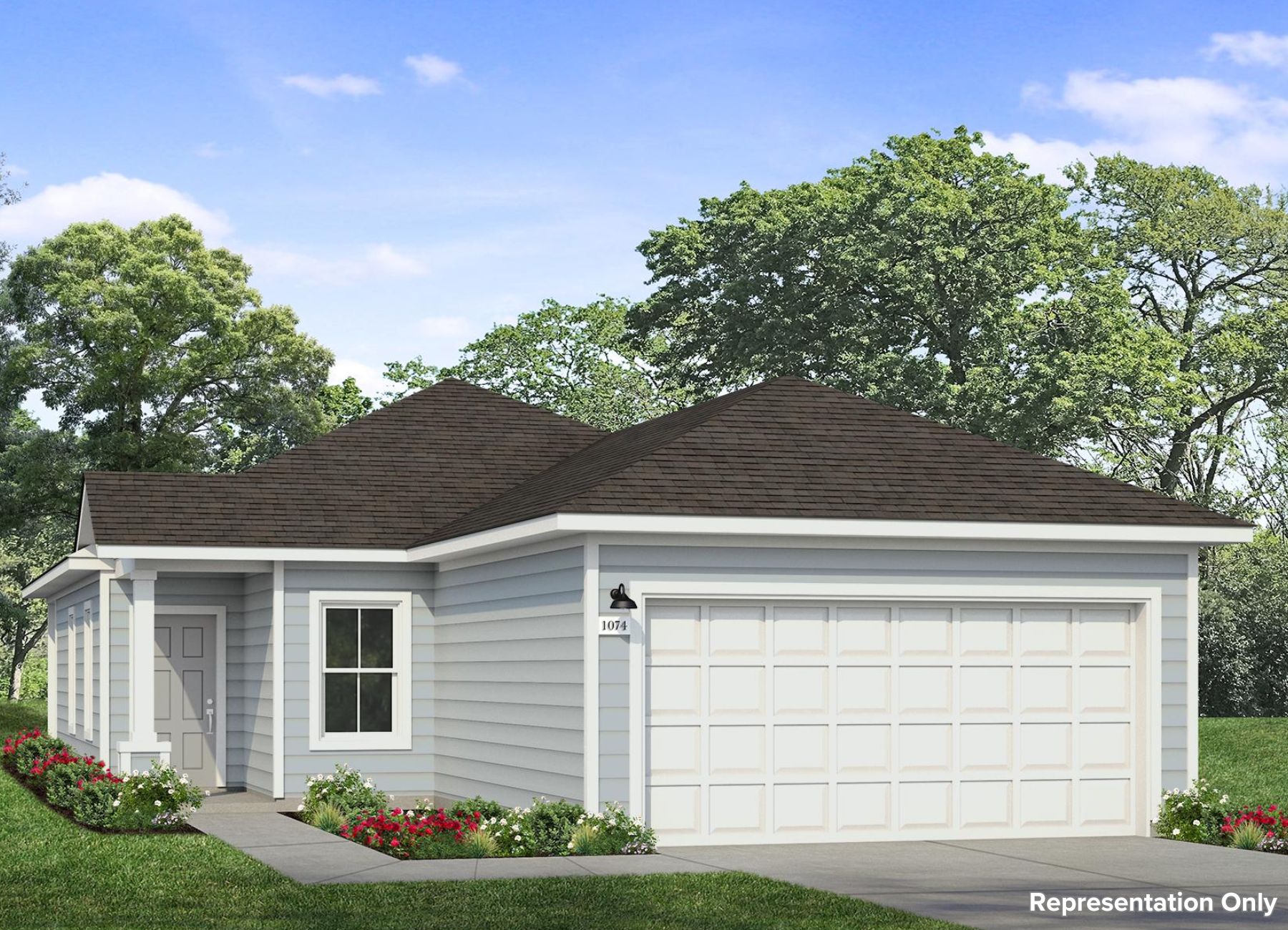 Image of a grey one story house rendering with a white garage door and a light grey front door
