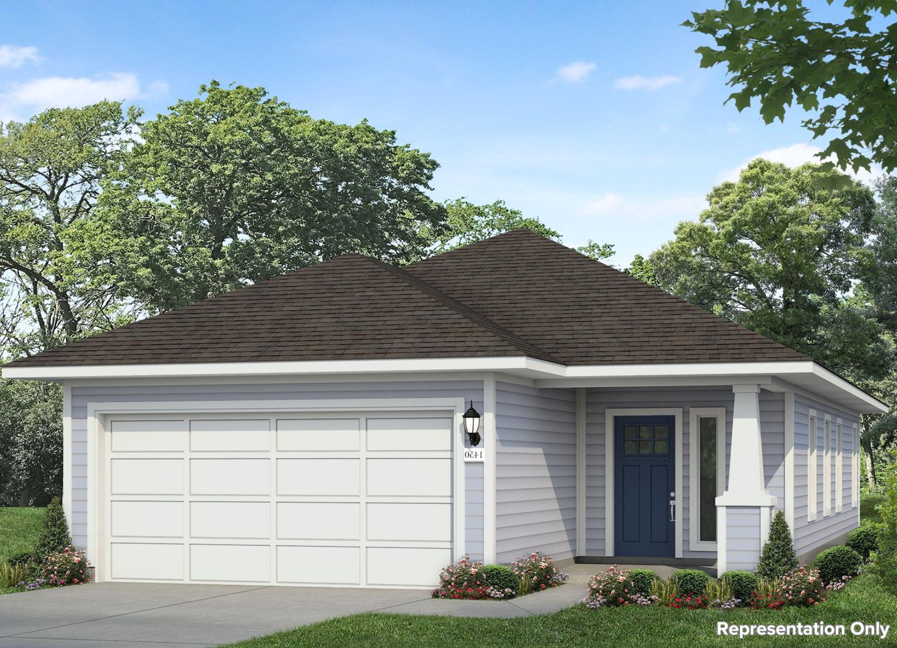 Image of a blue one story rendering with a royal blue door