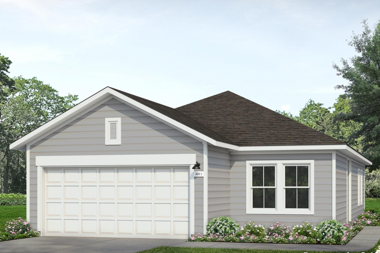 Image of a grey one story home rendering with a white garage door and white trim