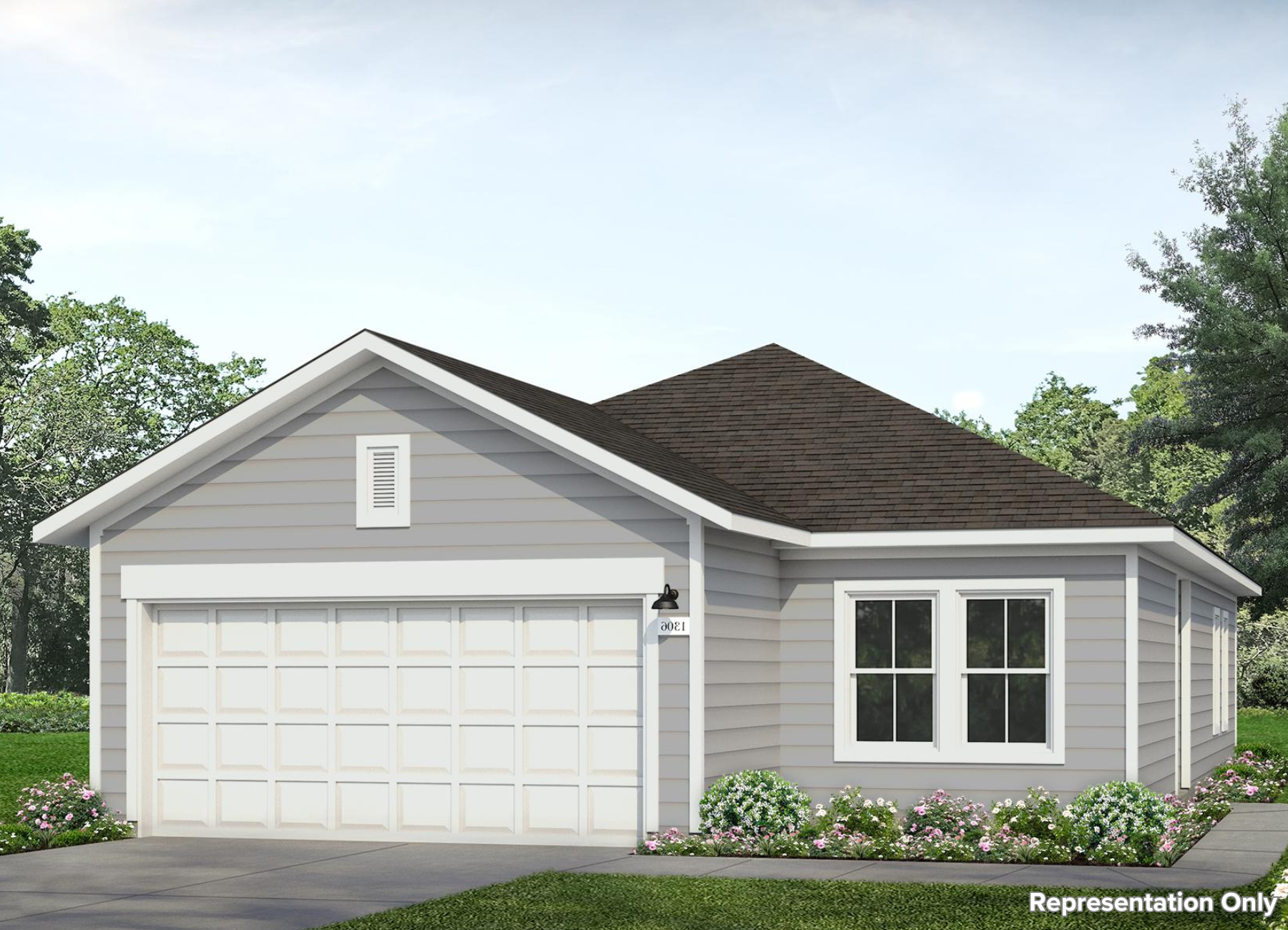 Image of a grey one story home rendering with a white garage door and white trim