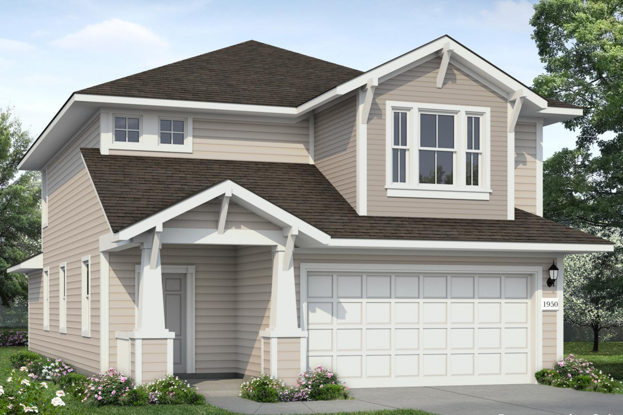 Image of a tan two story home rendering with white trim and a white garage door with a driveway