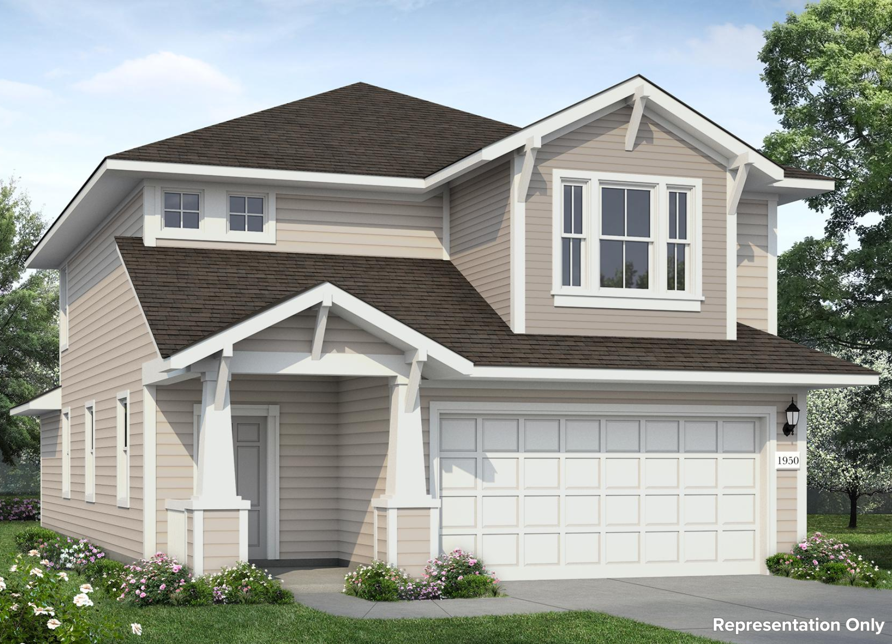 Image of a tan two story home rendering with white trim and a white garage door with a driveway