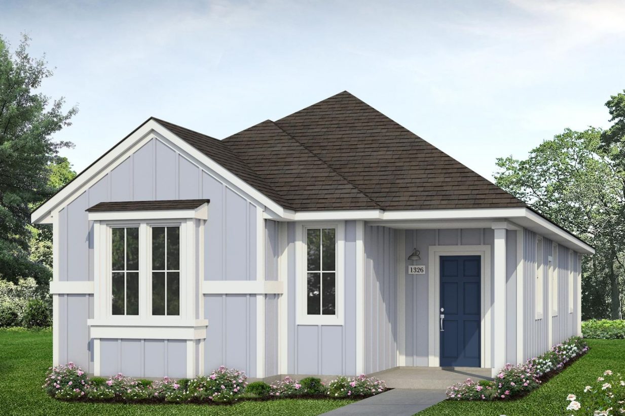 Image of a blue one story house with a royal blue front door and white trim rendering