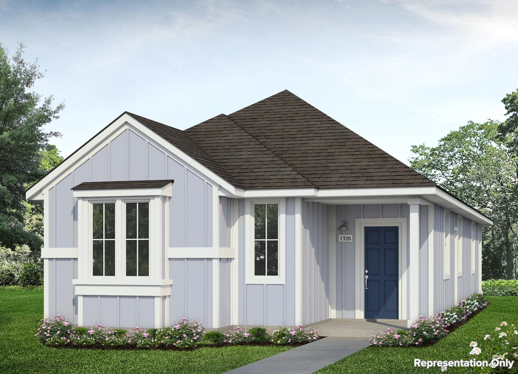 Image of a blue one story house with a royal blue front door and white trim rendering