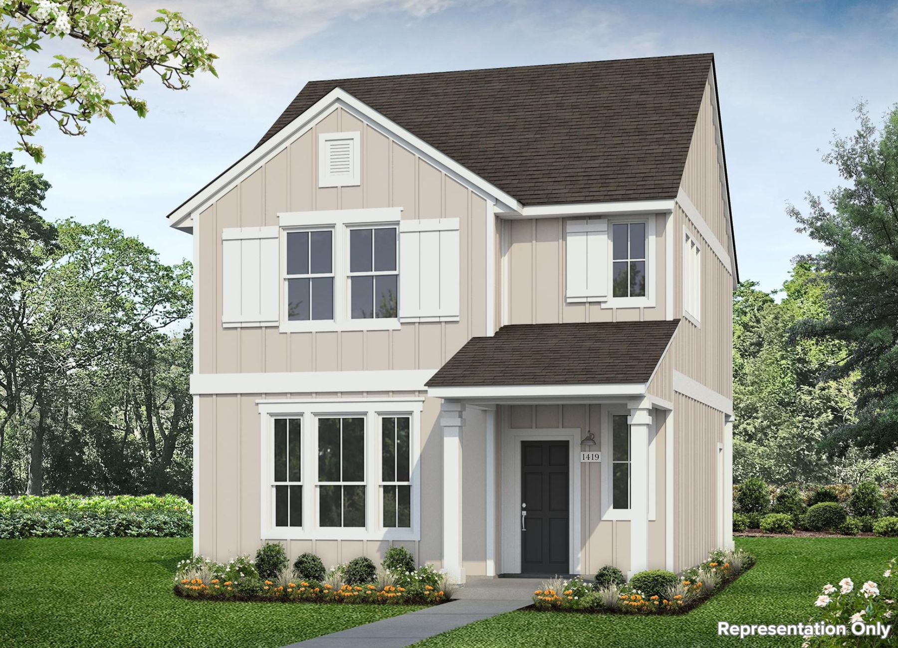 Image of a tan two story home rendering with a dark front door