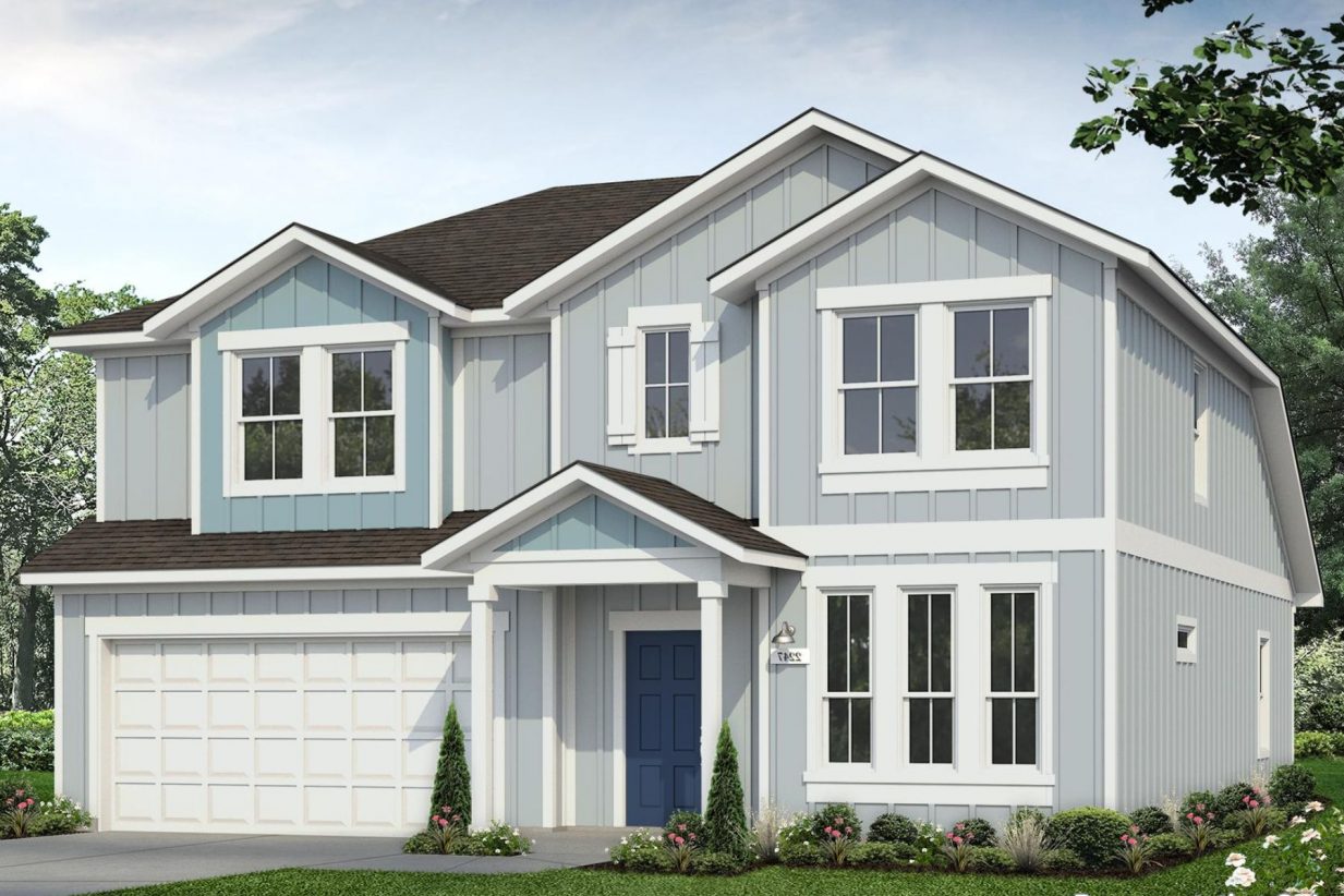 Image of a light blue two story house with white trim, garage door and a blue front door
