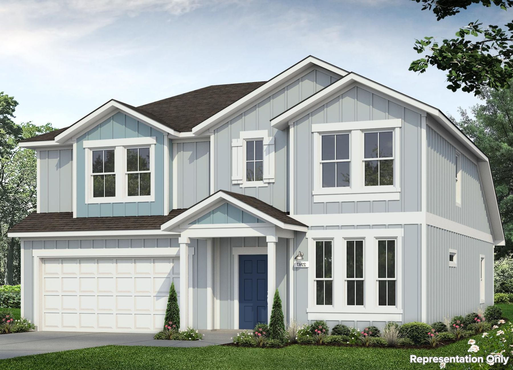 Image of a light blue two story house with white trim, garage door and a blue front door