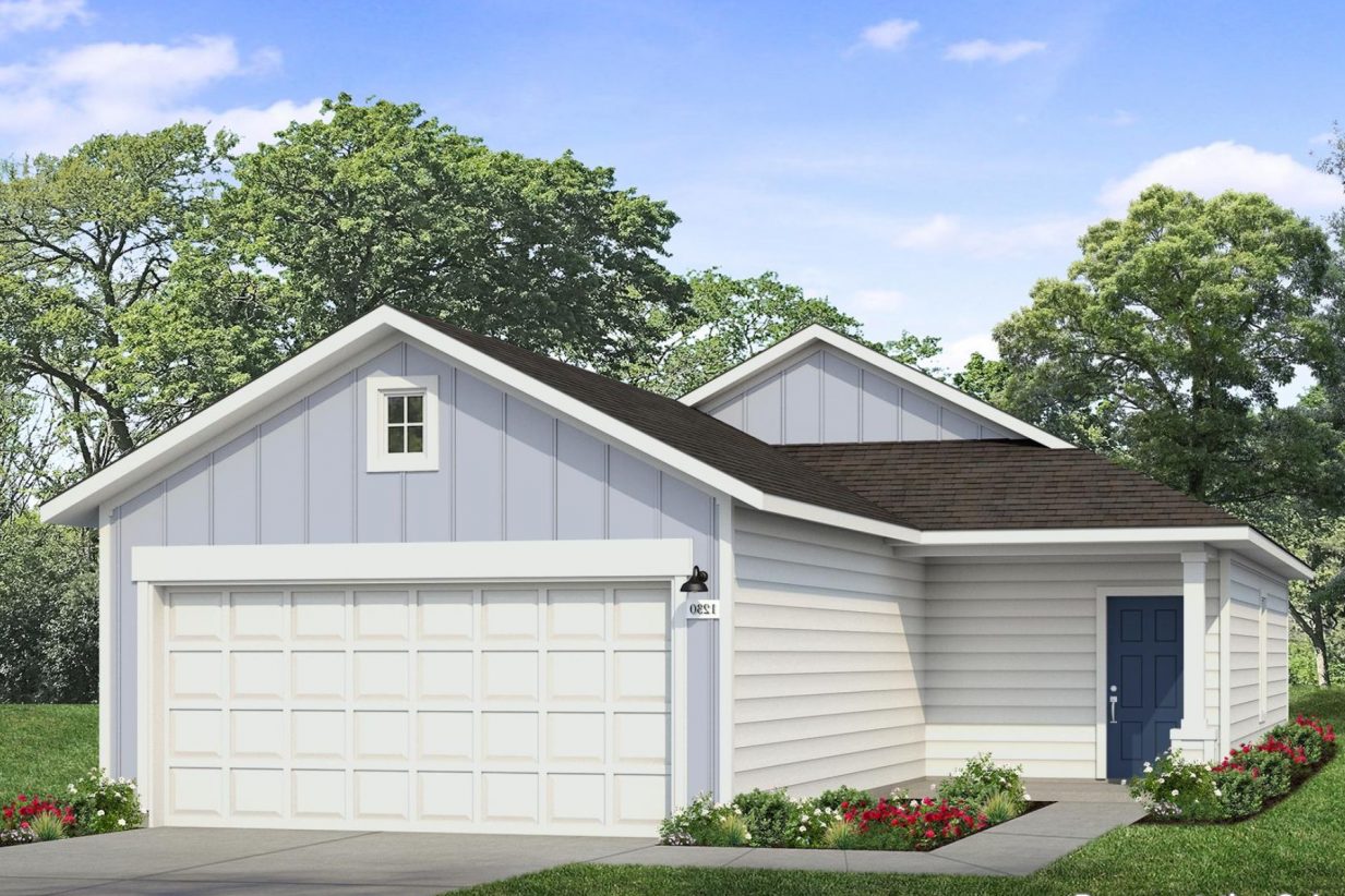 Image of a one story blue home rendering with a white garage and a blue front door