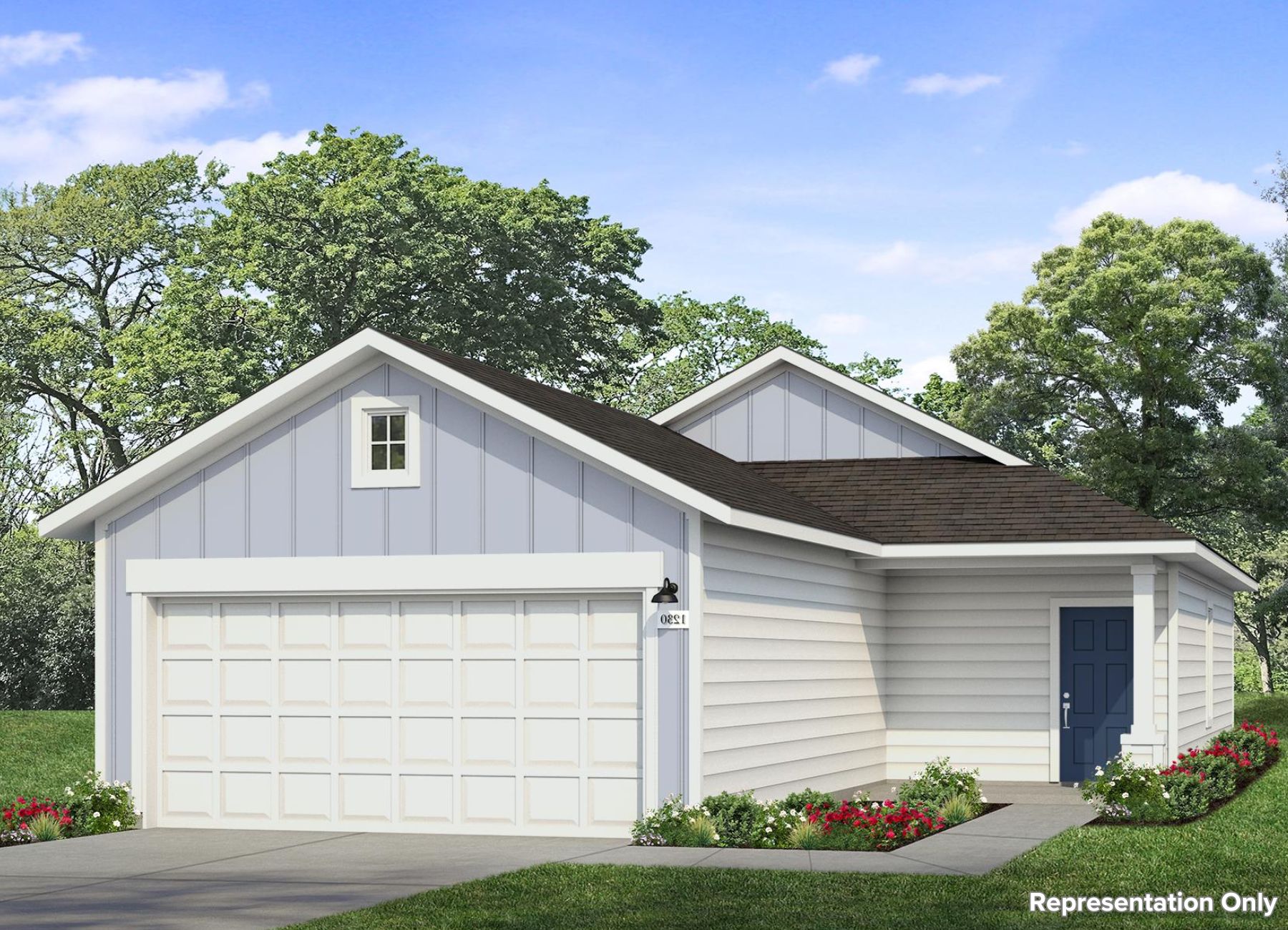 Image of a one story blue home rendering with a white garage and a blue front door