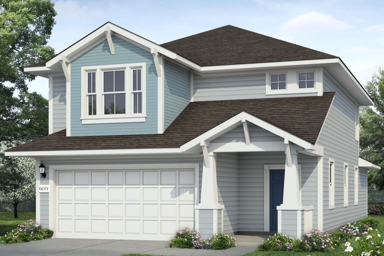 Image of a two story blue house rendering with a white garage and trim, and a royal blue front door