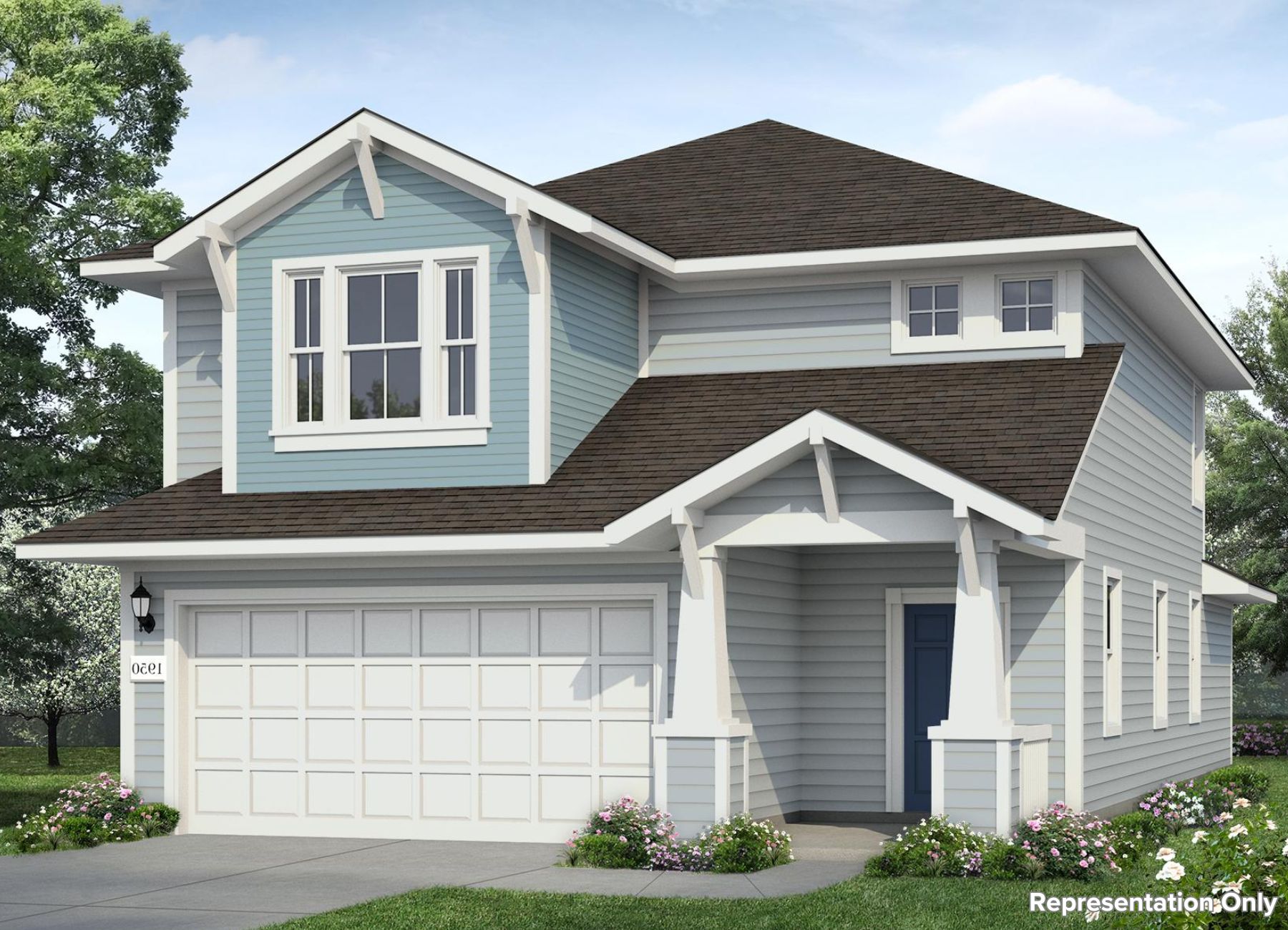Image of a two story blue house rendering with a white garage and trim, and a royal blue front door