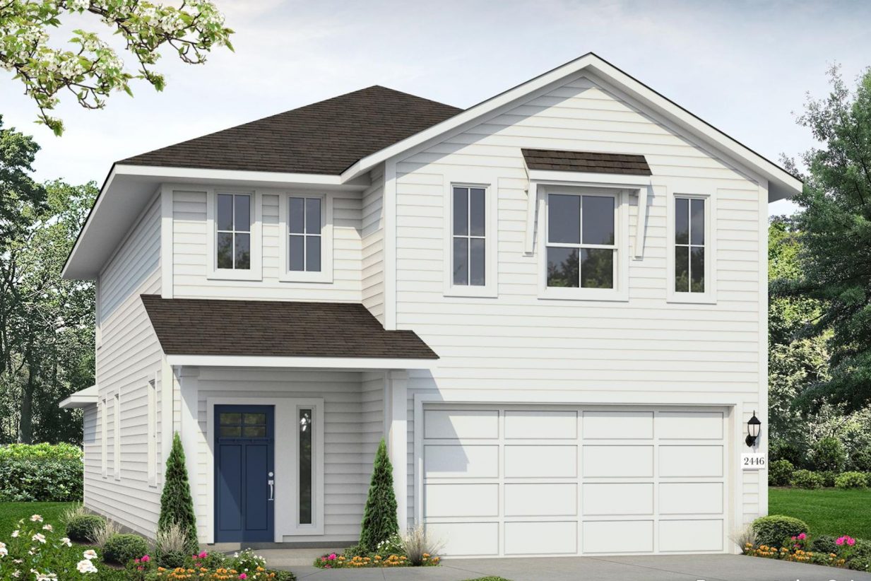 Image of a two story white house rendering with a royal blue door