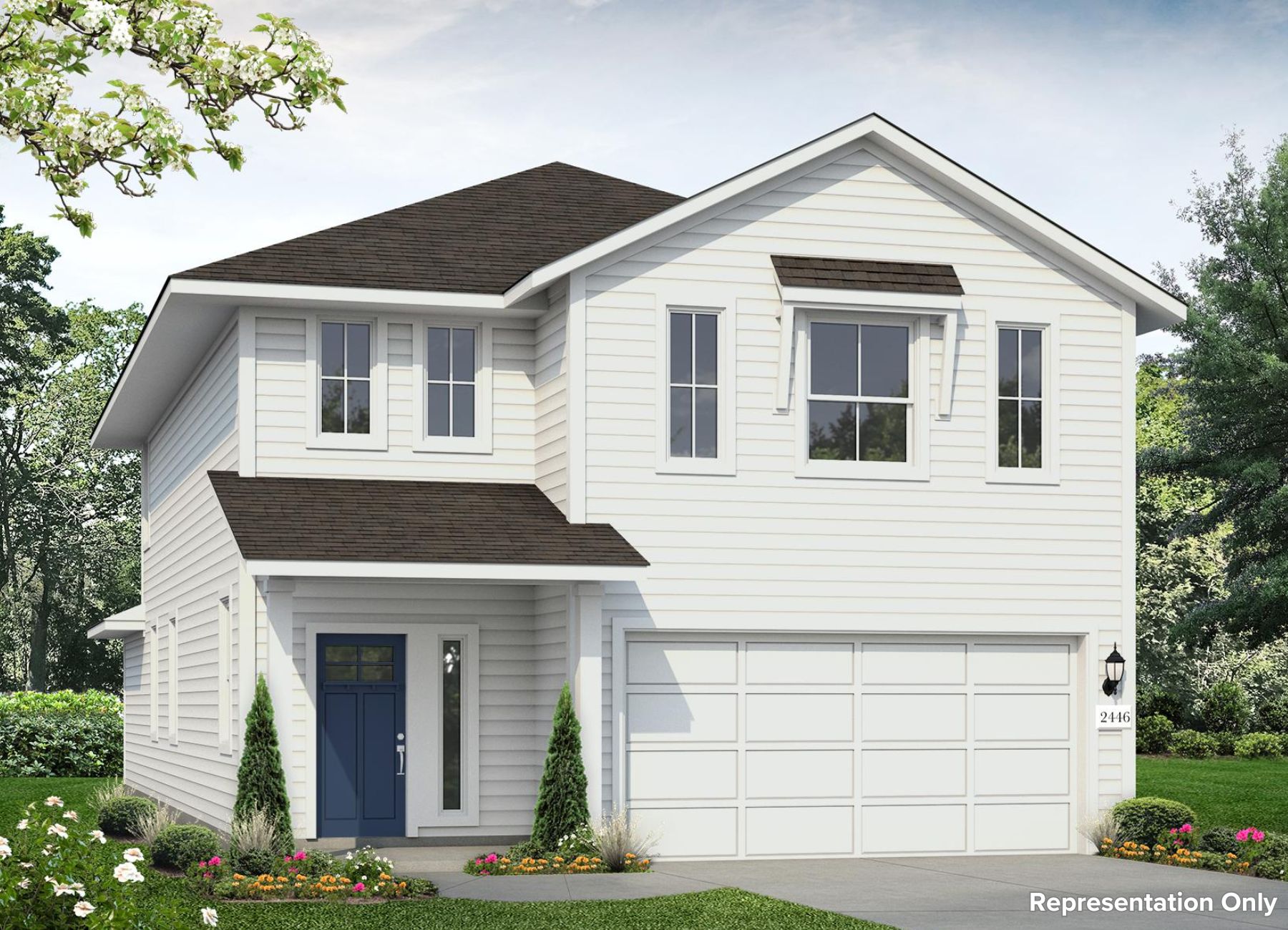 Image of a two story white house rendering with a royal blue door