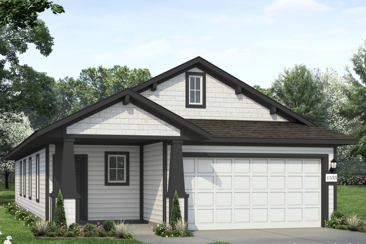 Image of a white one story home rendering with black trim