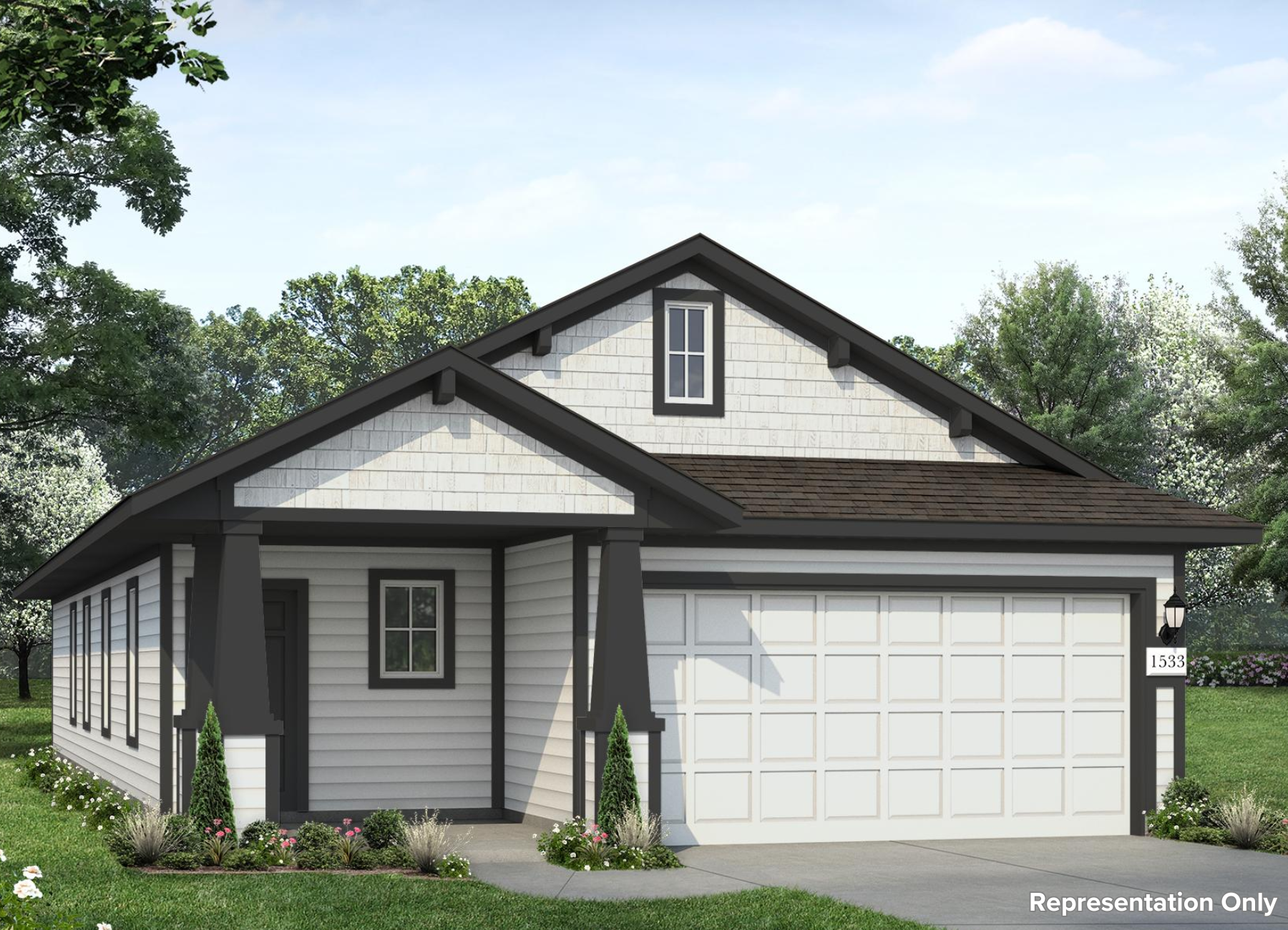 Image of a white one story home rendering with black trim