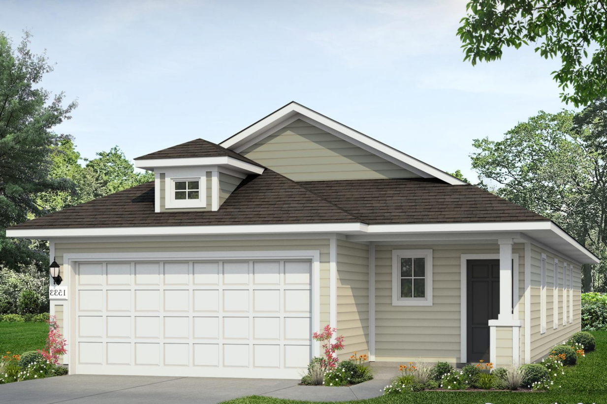 Image of a tan one story home rendering with a dark grey front door