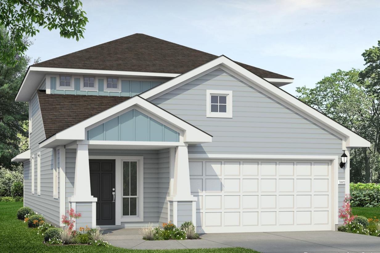 Image of a blue two story home rendering with a dark grey front door