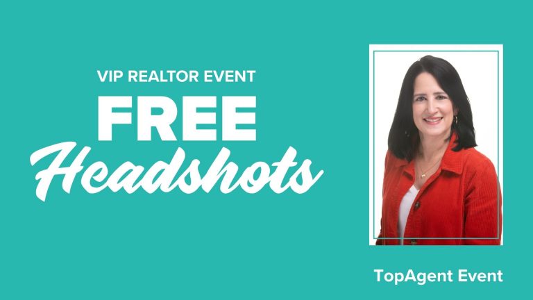 Title card with teal background, text "VIP Realtor Event. Free Headshots. TopAgent Event" and image of smiling woman with white shirt and red jacket on the right