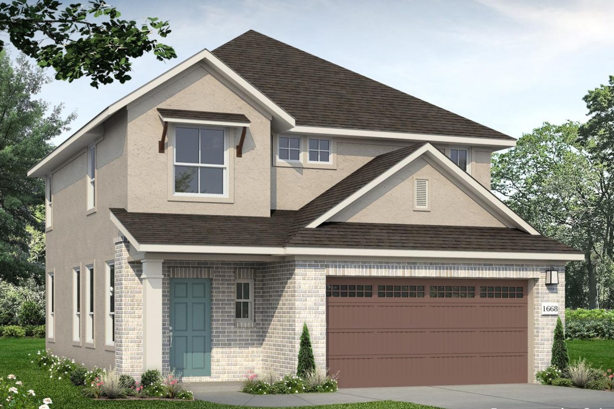 Rendering of a tan two-story home with a brown garage door and brick
