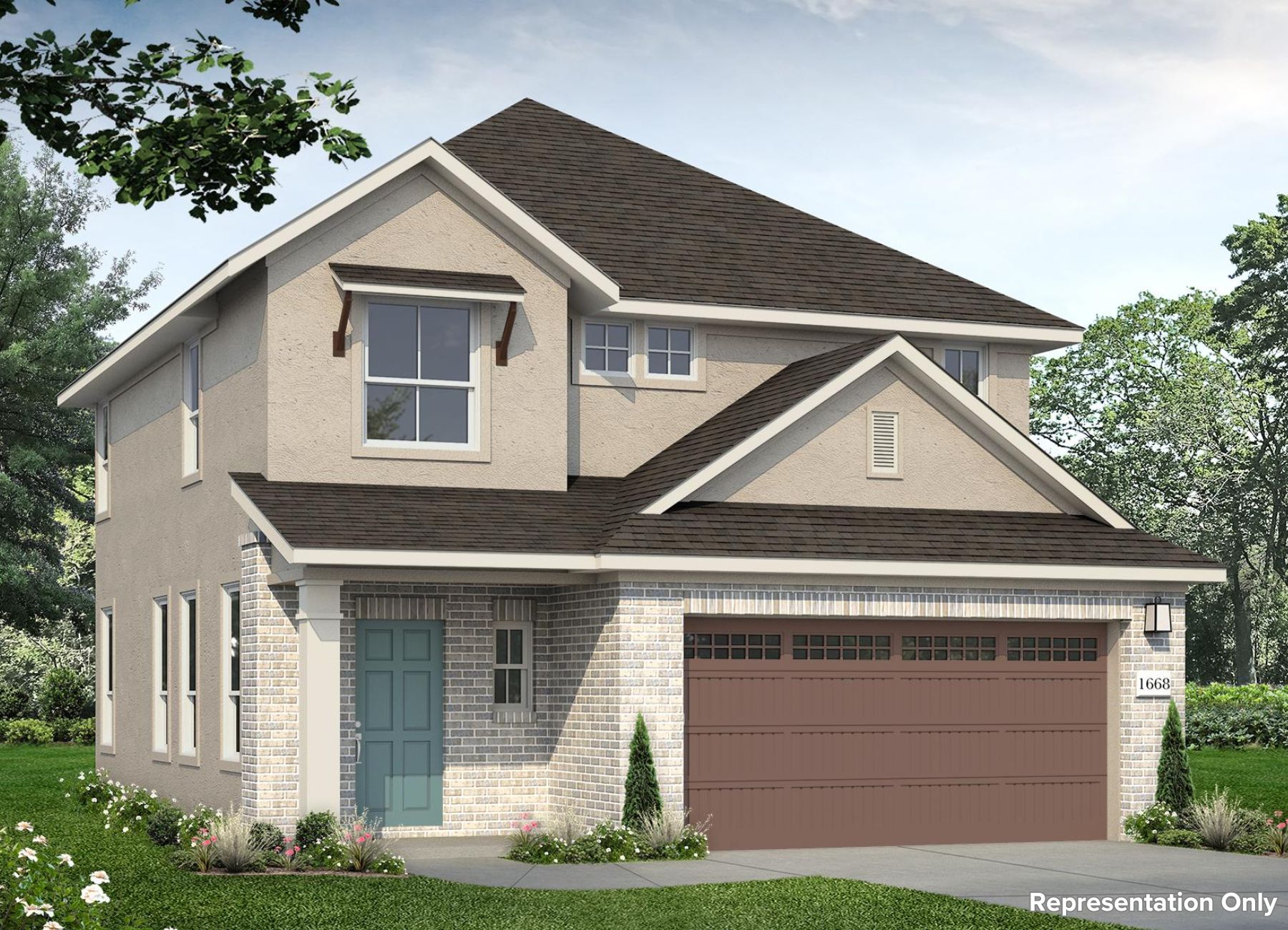 Rendering of a tan two-story home with a brown garage door and brick
