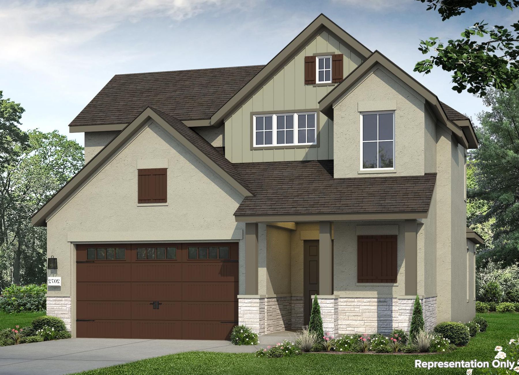 Image of a light green two story house with a brown garage