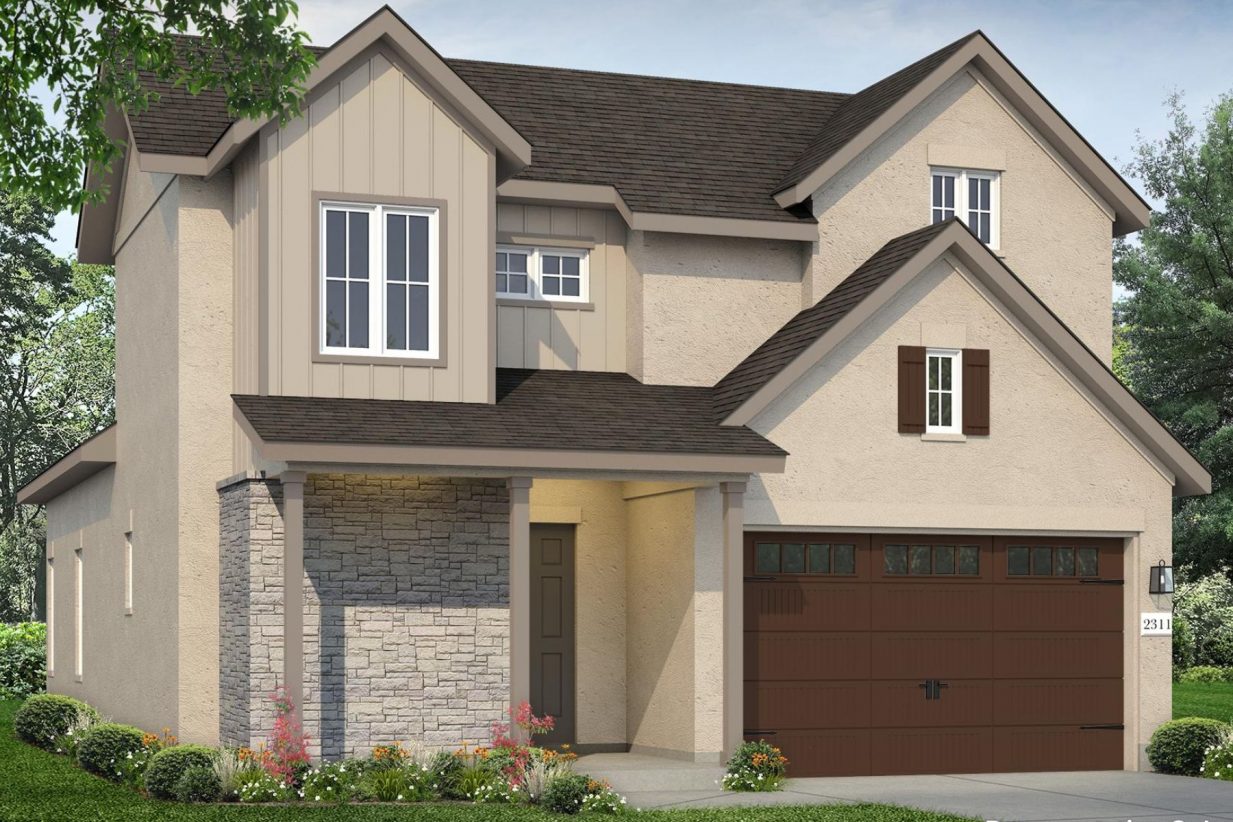 Image of a tan two story home rendering with a brown garage door