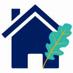 An icon of a dark blue house with chimney and teal and yellow leaf
