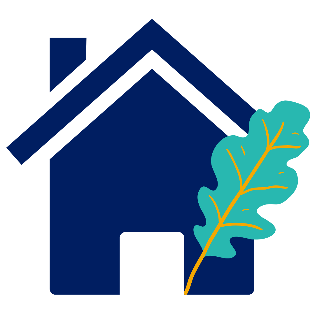 General Outdoor Icon An icon of a dark blue house with chimney and teal and yellow leaf