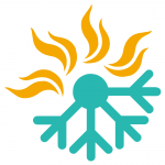 An icon with half a teal snowflake and half a yellow flame.
