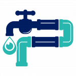 A icon of a dark blue and teal faucet and pipe system with water coming out of sprout.