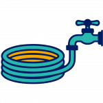 An icon of a teal faucet with dark blue handles and teal and yellow hose coiled up.