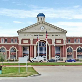 Pearland, Schools School-age children entering a modern Pearland ISD school building near Brohn Homes’ new construction in Pearland, Texas.