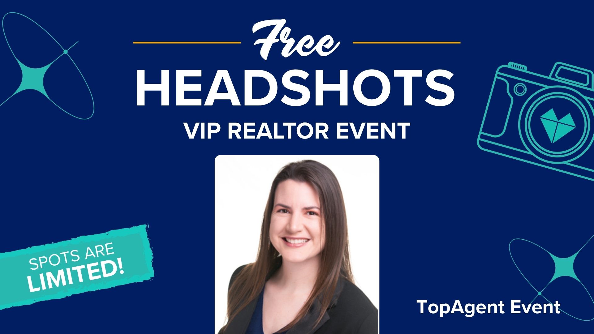 Title card with blue background and graphics of sparkles and camera. Headshot of smiling woman in black and blue.