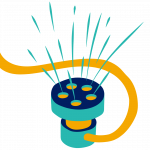 Icon of dark blue, teal and yellow sprinkler sytem with water coming out of spout.