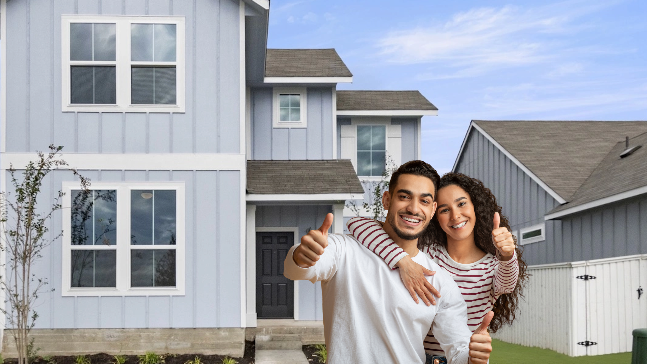 homeowners excited and showing a thumbs up in front of their Texas home
