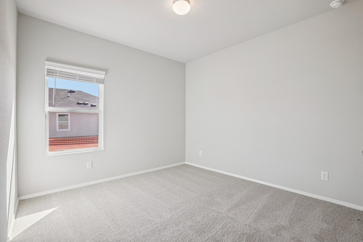 Image of a bedroom with grey walls, tan carpeting and a window