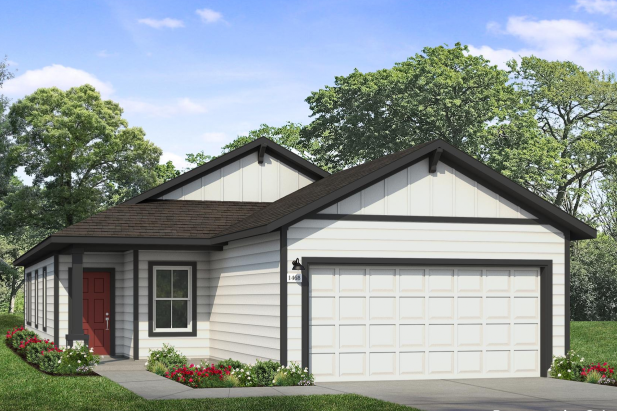 Image of a one story white house rendering with a red door