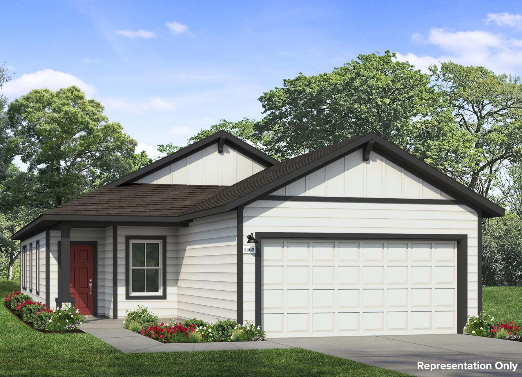 Image of a one story white house rendering with a red door