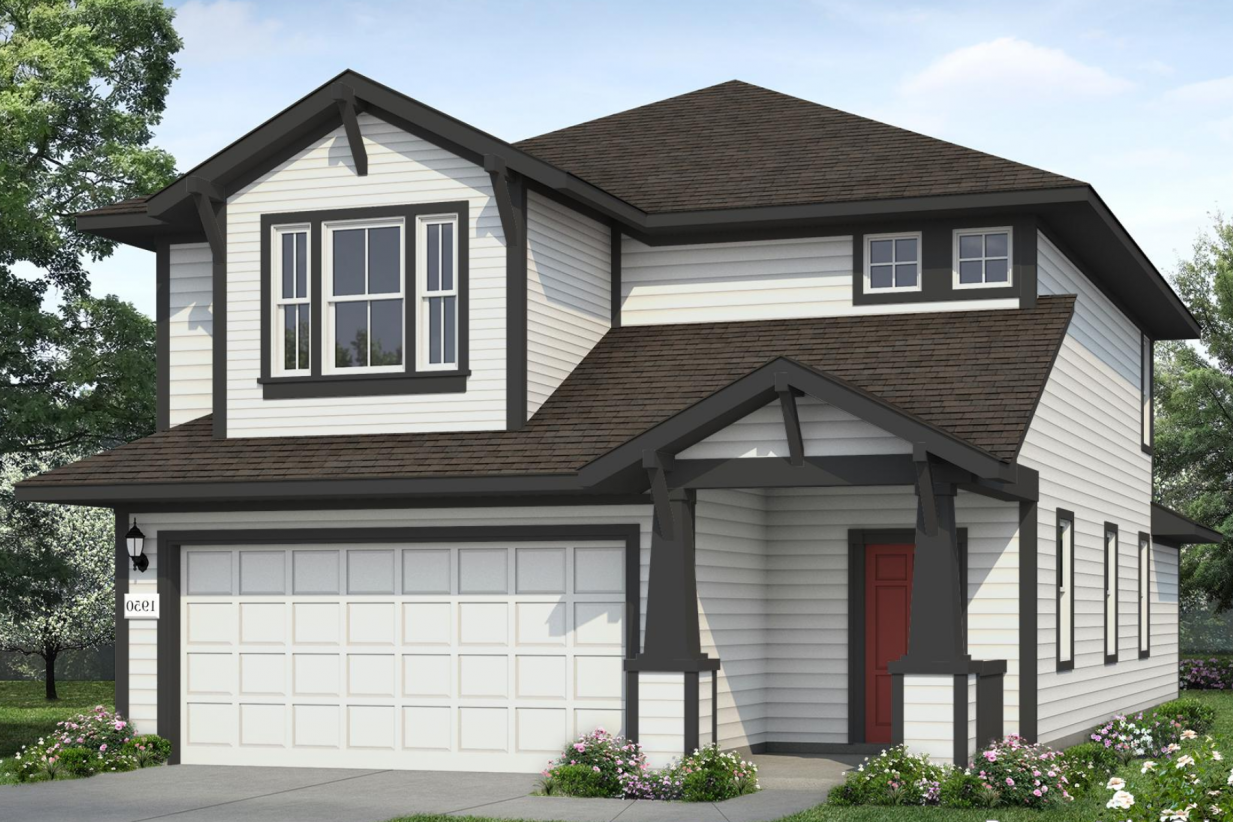 Image of a two story white house rendering with a red door and black trim