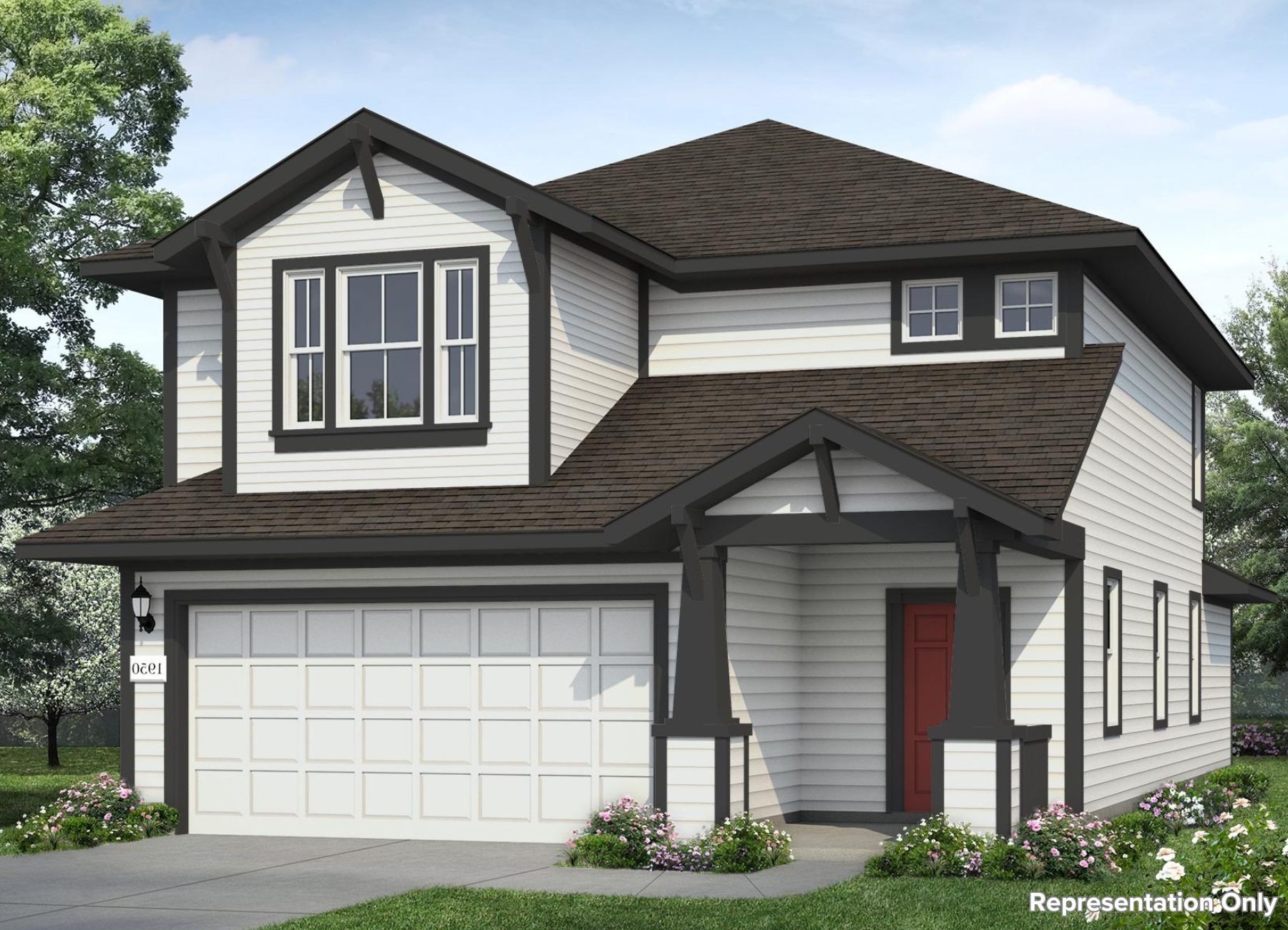 Image of a two story white house rendering with a red door and black trim