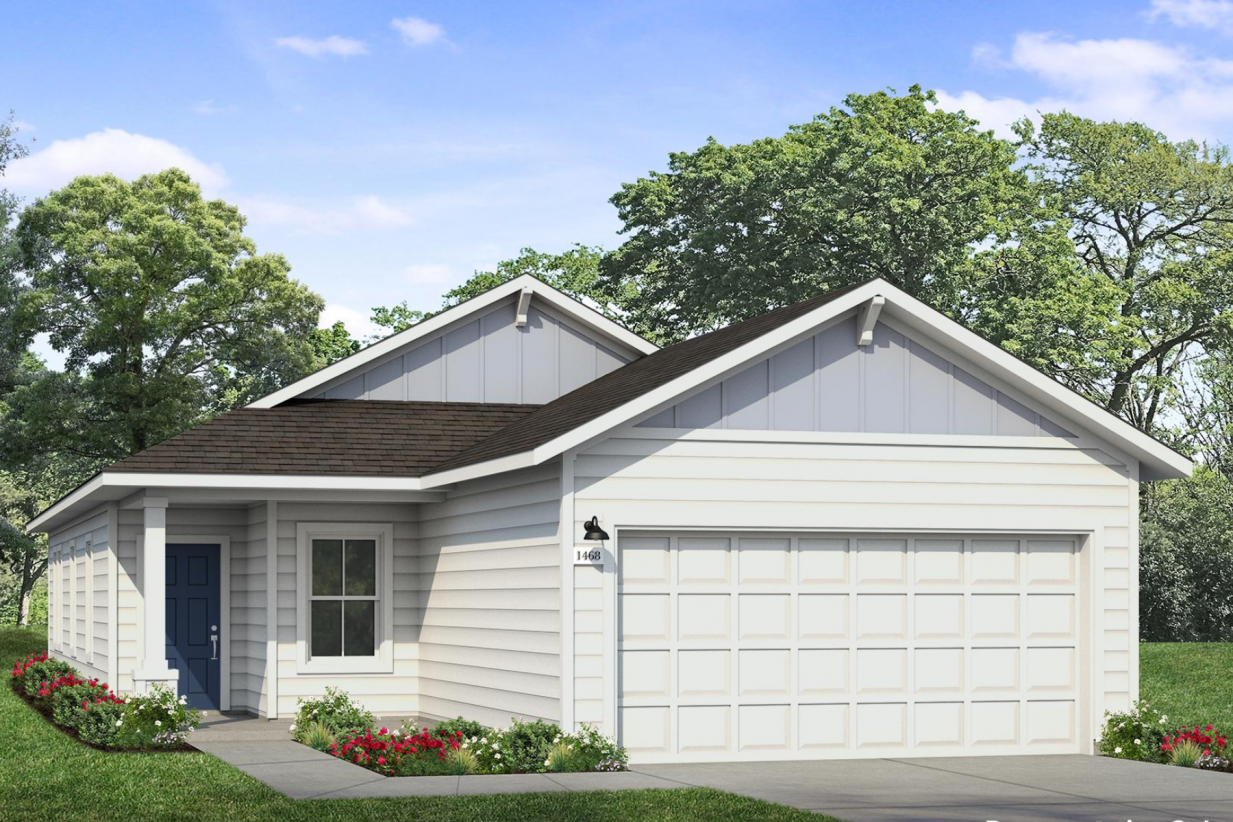Image of a one story house rendering with white paint and a blue front door